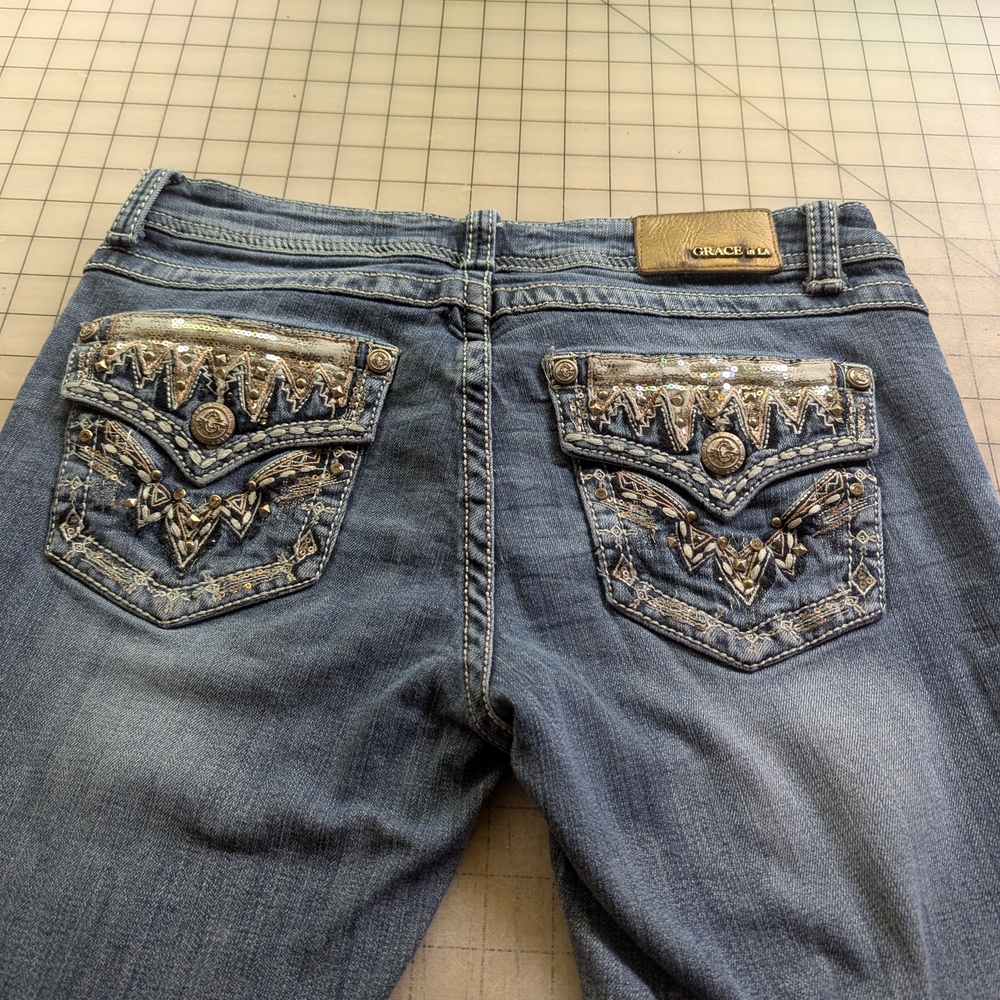 Grace in LA Women's Boot Cut Jeans - Blue with Silver Accents